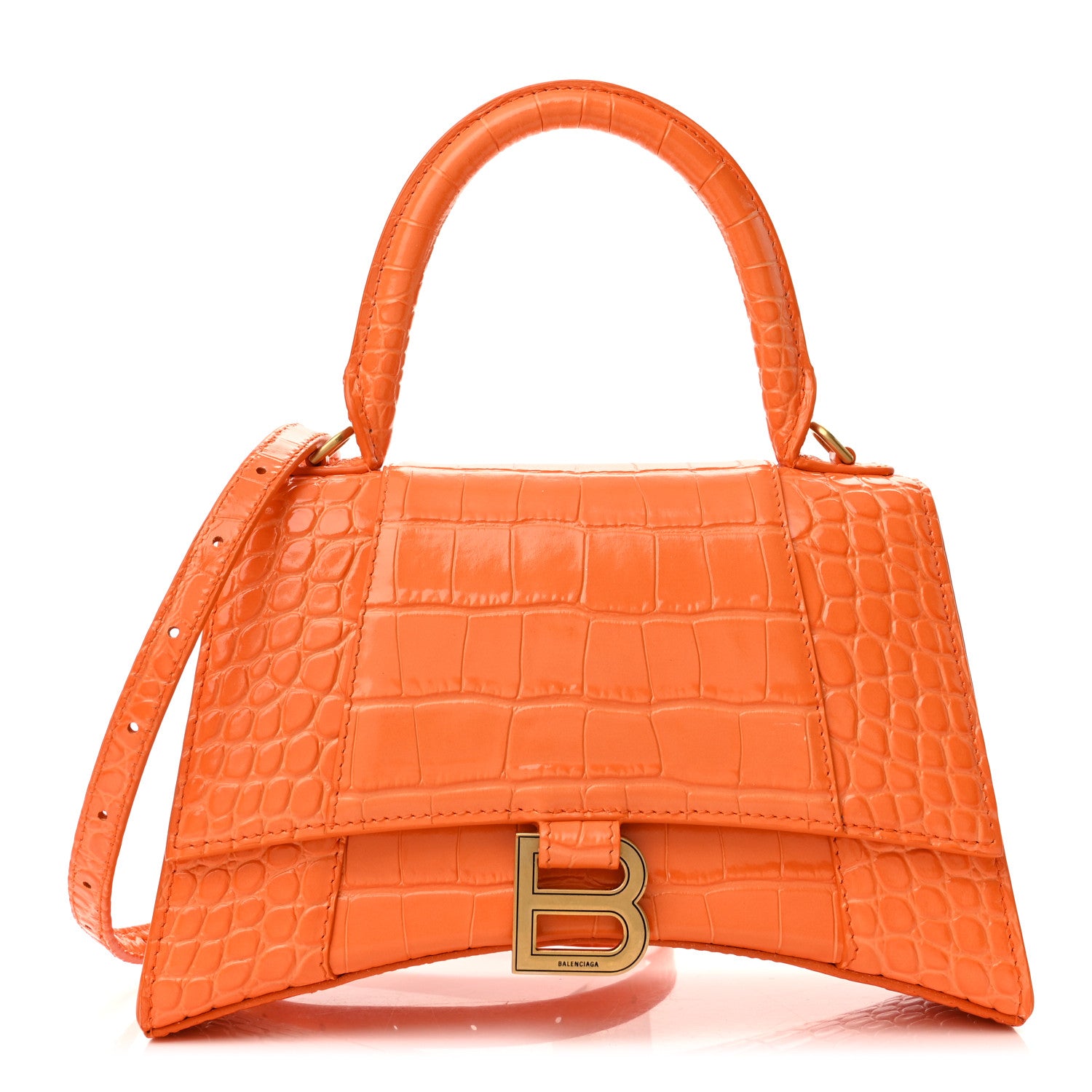 Balenciaga Shiny Calfskin Crocodile Embossed Small Hourglass Top Handle Bag Orange 1 of 12