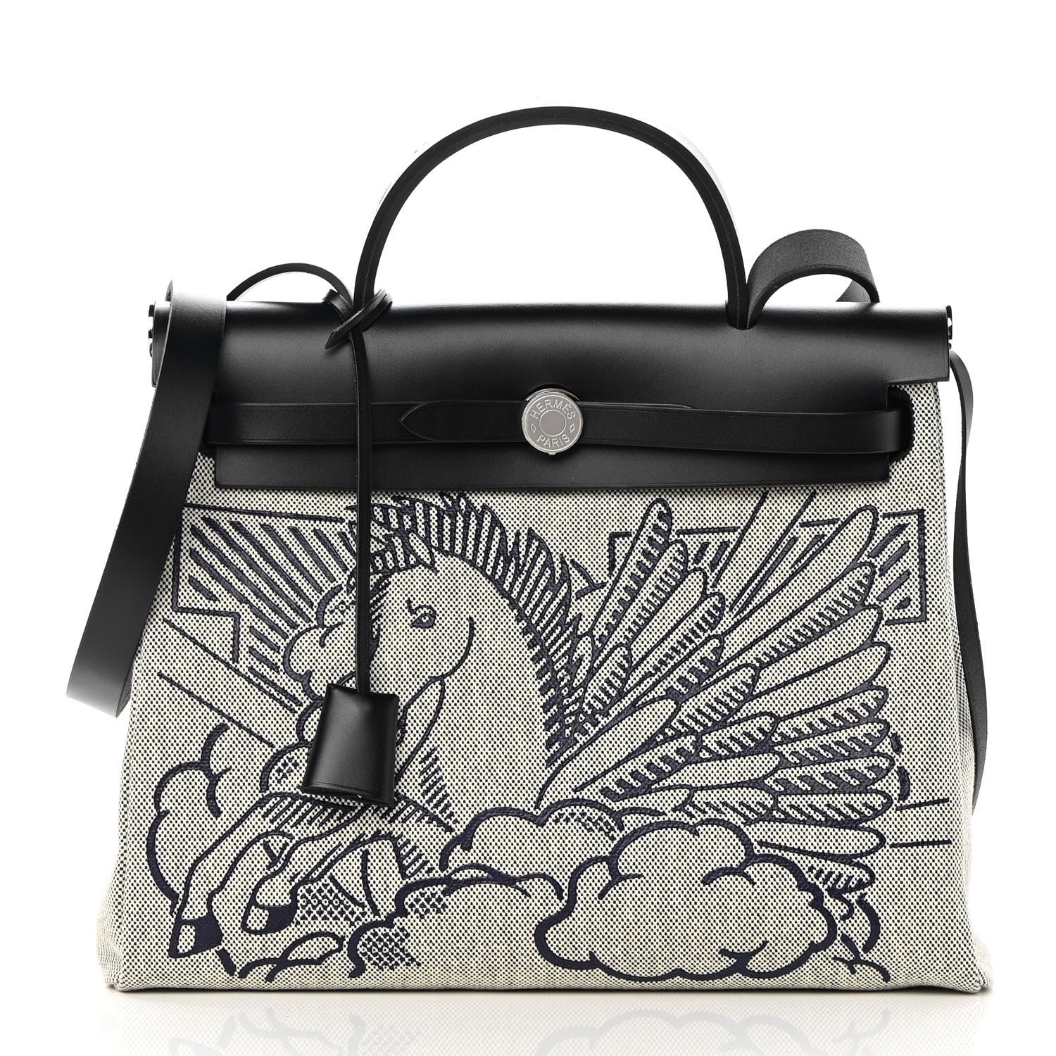 Hermes Vache Hunter Toile H Pegase Pop Herbag Zip Retourne 31 PM Bleu Indigo Ecru Black 3 of 13