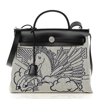 Hermes Vache Hunter Toile H Pegase Pop Herbag Zip Retourne 31 PM Bleu Indigo Ecru Black 3 of 13