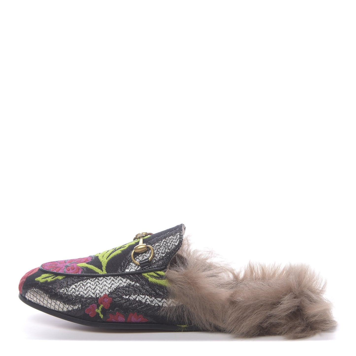 Brocade Fur Floral Womens Princetown Slippers 35 Black Anthracite