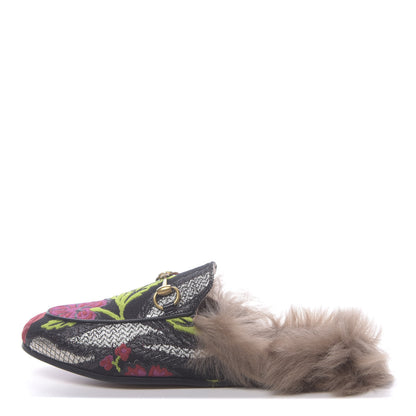 Gucci Brocade Fur Floral Womens Princetown Slippers 35 Black Anthracite 1 of 8