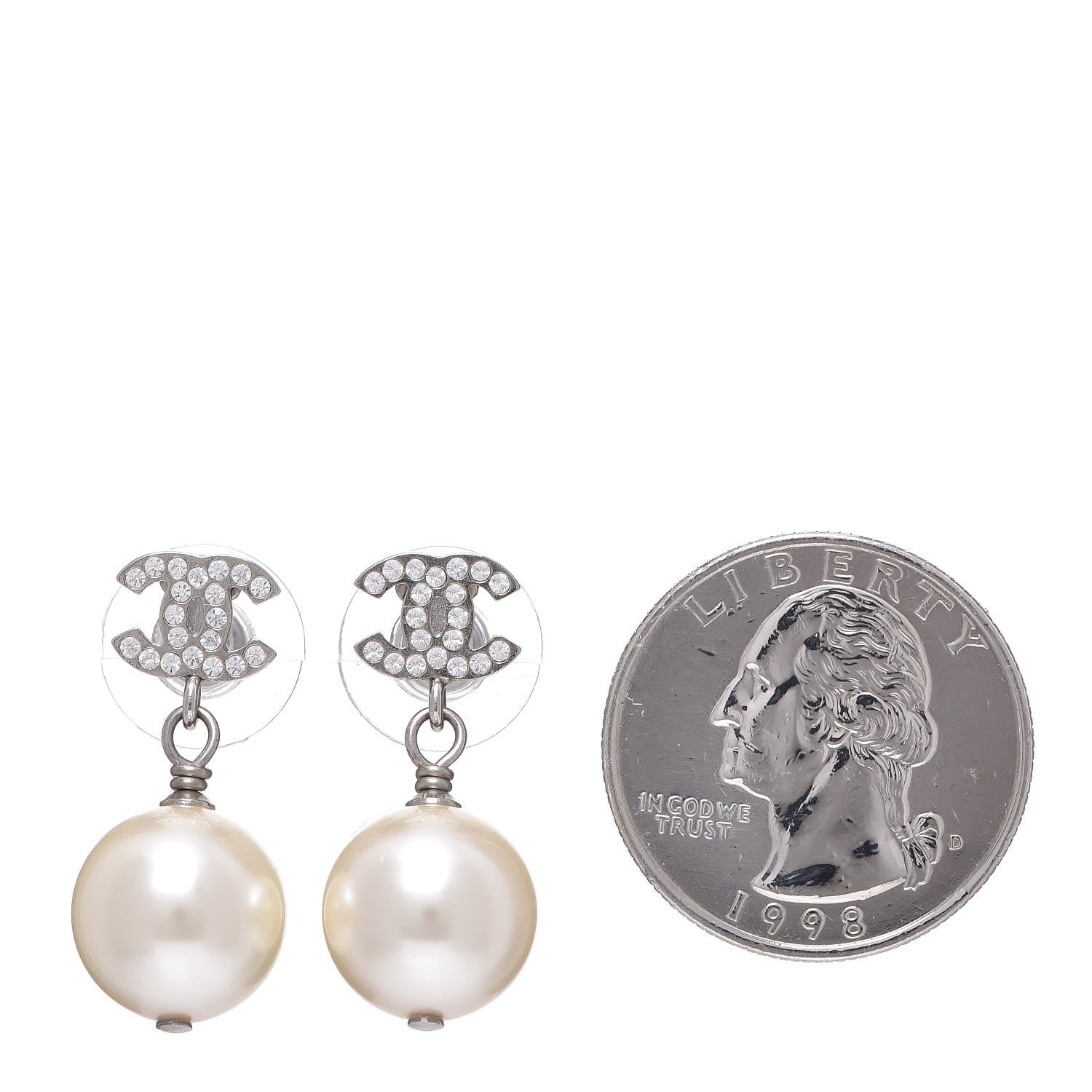 Chanel Crystal Pearl CC Drop Earrings Silver 2 of 4