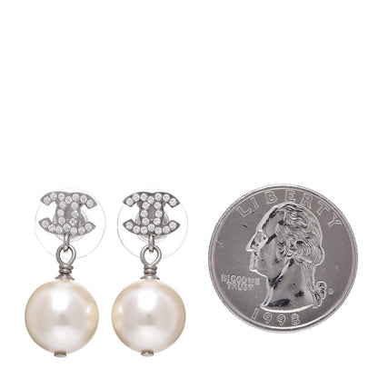 Chanel Crystal Pearl CC Drop Earrings Silver 2 of 4