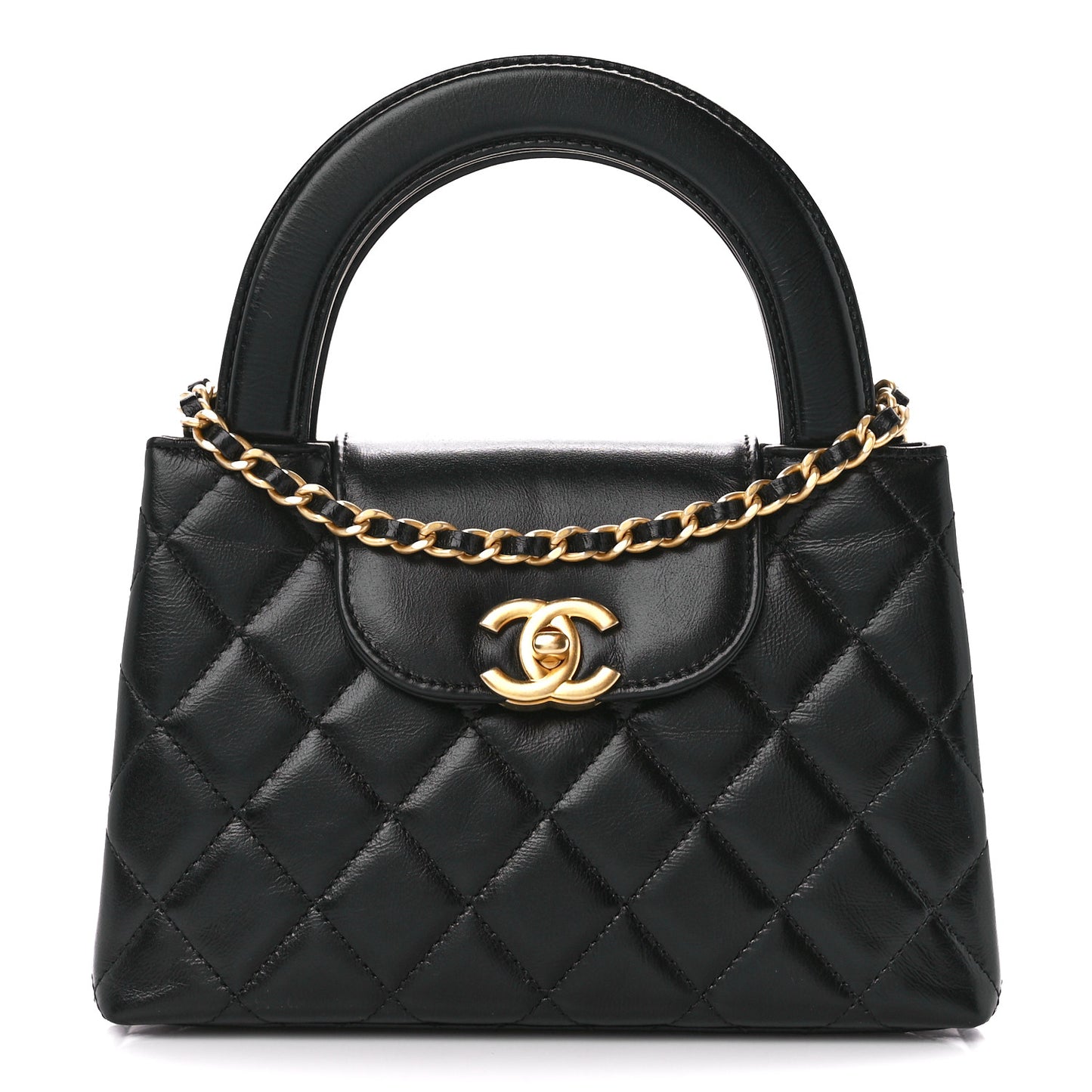 Shiny Aged Calfskin Quilted Nano Kelly Shopper Black