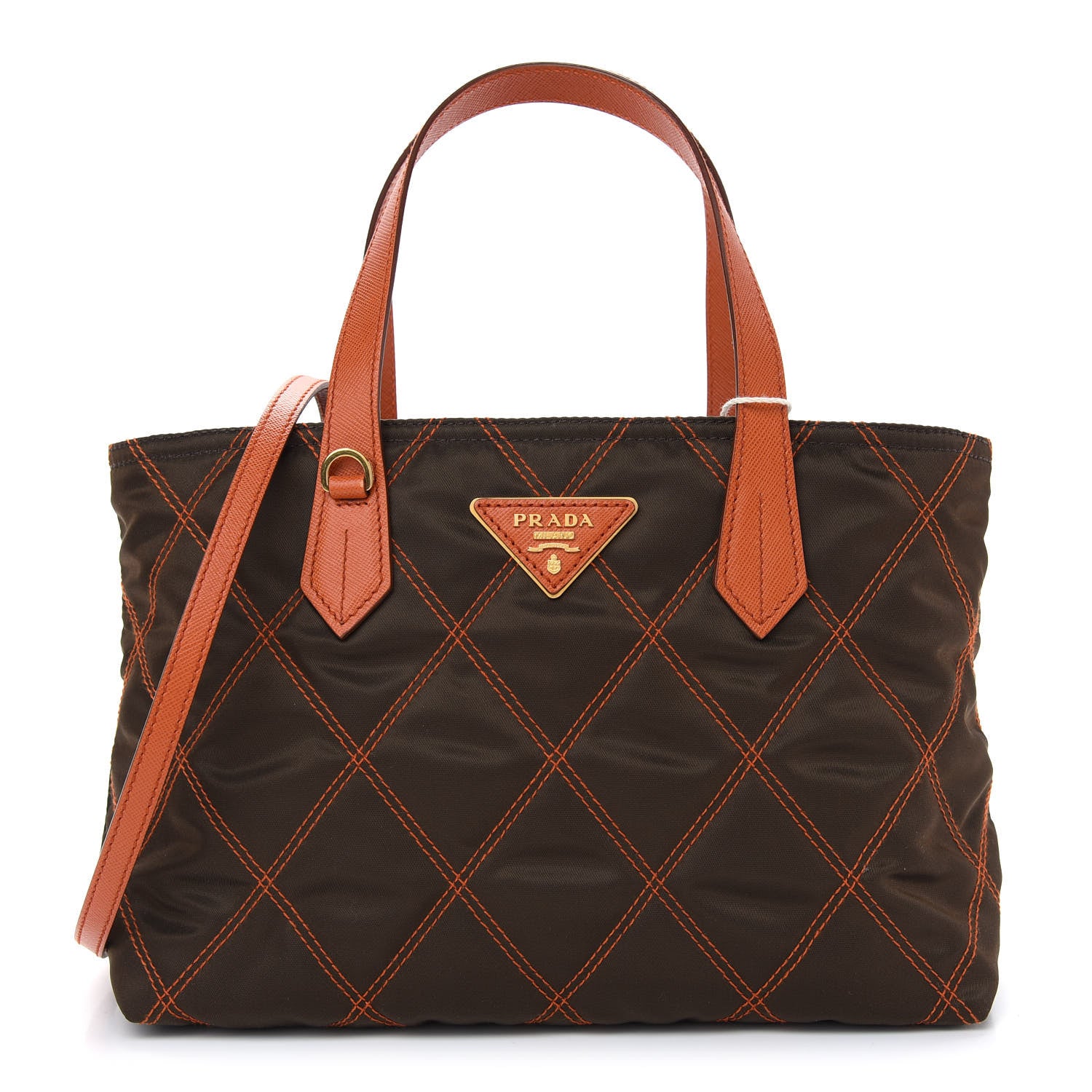 Prada Nylon Tessuto Impuntu Quilted Shopper Tote Brown Orange 1 of 8