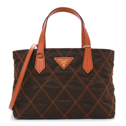 Prada Nylon Tessuto Impuntu Quilted Shopper Tote Brown Orange 1 of 8