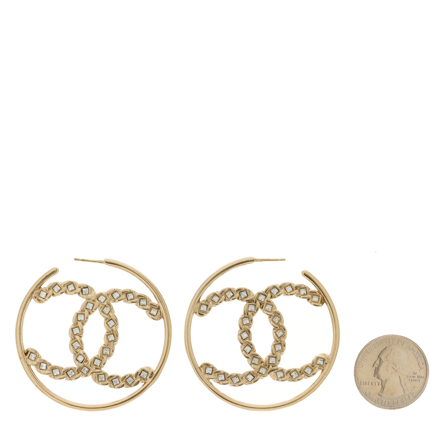 Chanel Crystal High Society CC Hoop Earrings Gold 2 of 4