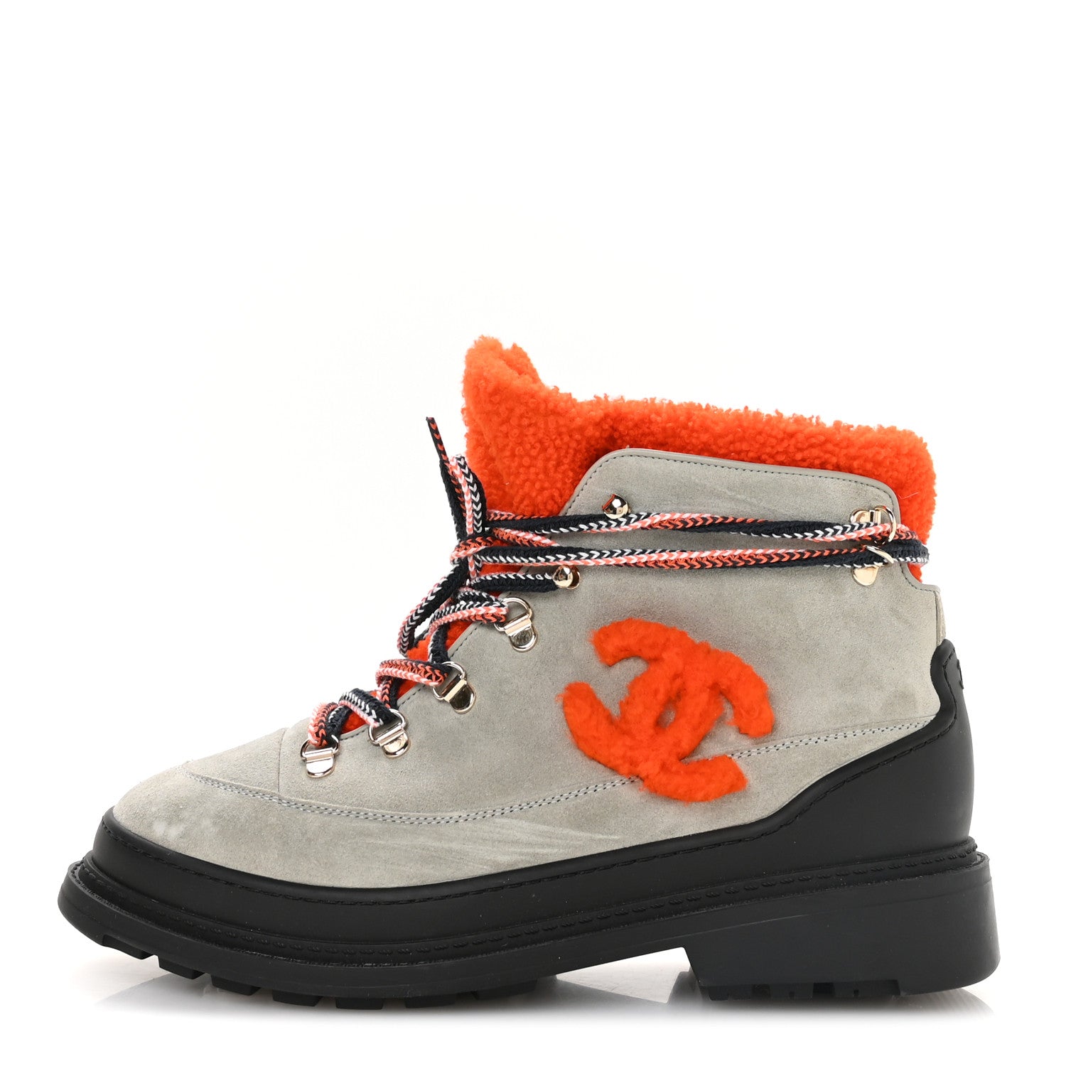 Chanel Suede Calfskin Shearling CC Lace Up Boots 40.5 Grey Orange Black 1 of 8