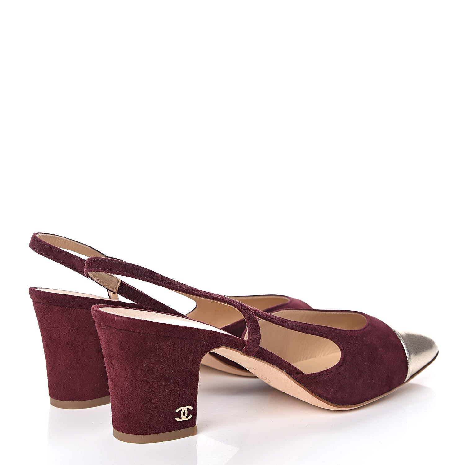 Chanel Kid Suede Metallic Lambskin Cap Toe CC Slingback Pumps 41.5 Burgundy Gold 4 of 9