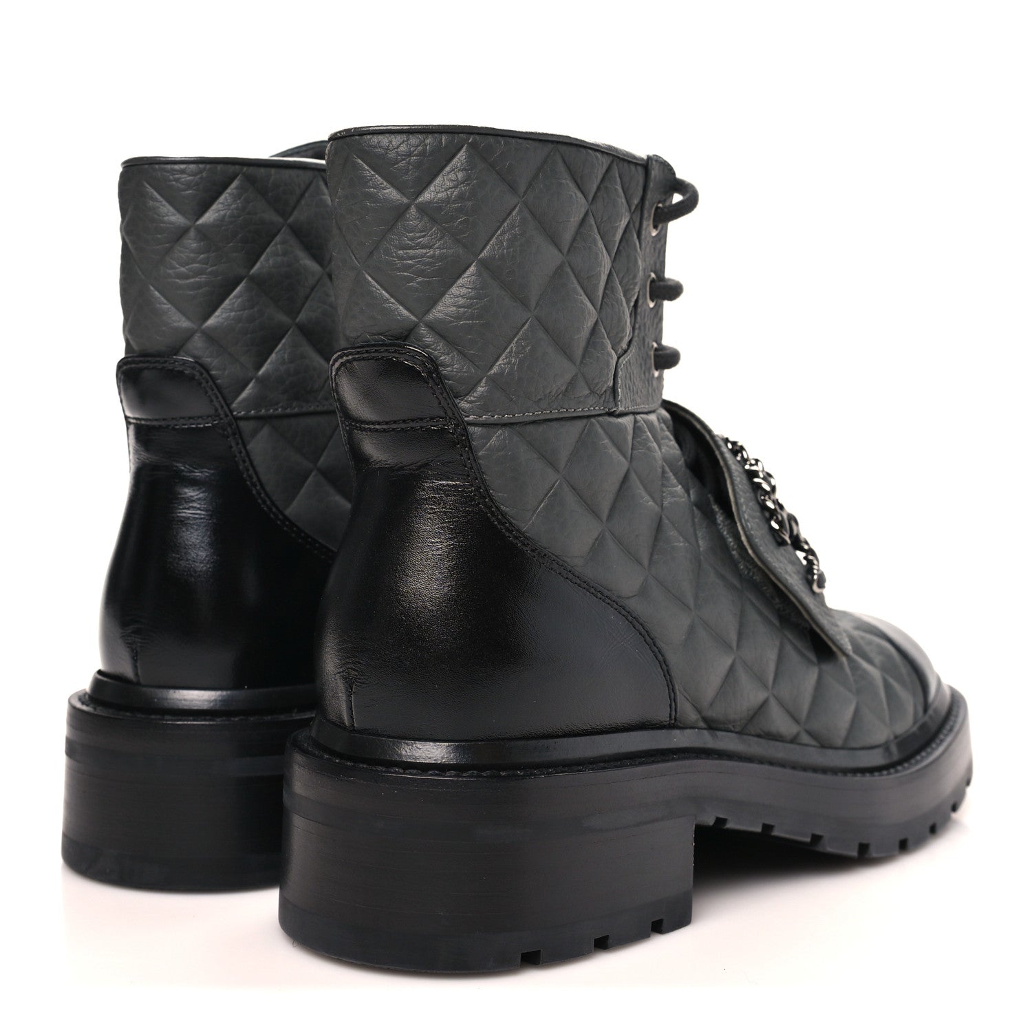 Chanel Calfskin Shiny Calfskin Quilted Lace Up Combat Boots 36 Dark Grey Black 5 of 11