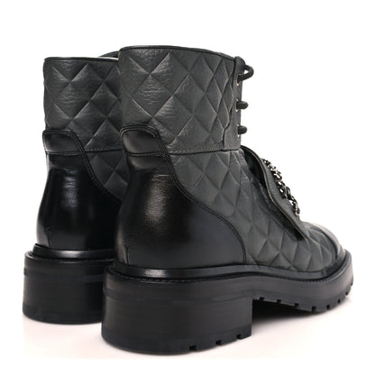 Chanel Calfskin Shiny Calfskin Quilted Lace Up Combat Boots 36 Dark Grey Black 5 of 11