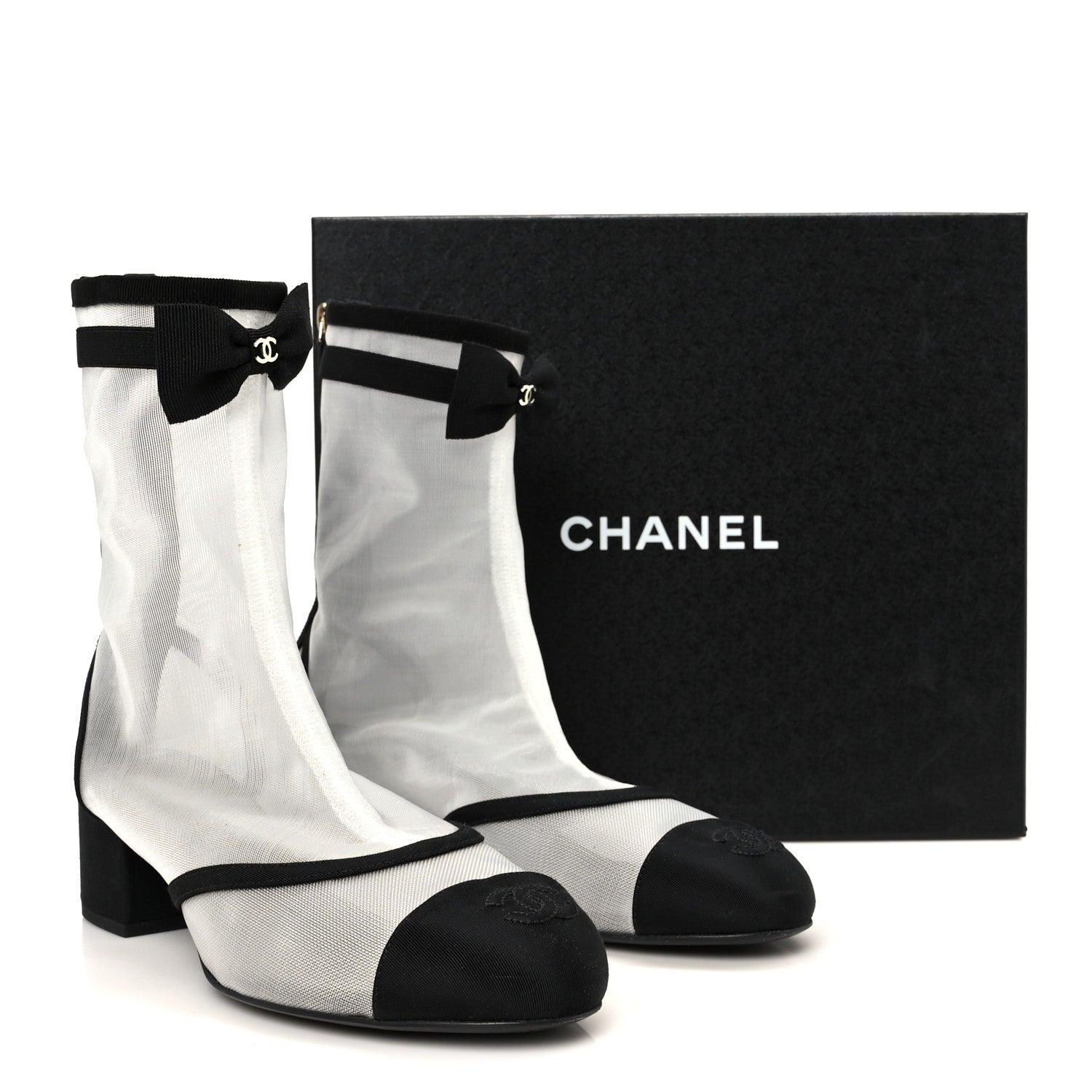 Chanel Mesh Grosgrain CC Cap Toe Ankle Boots 40 White Black
