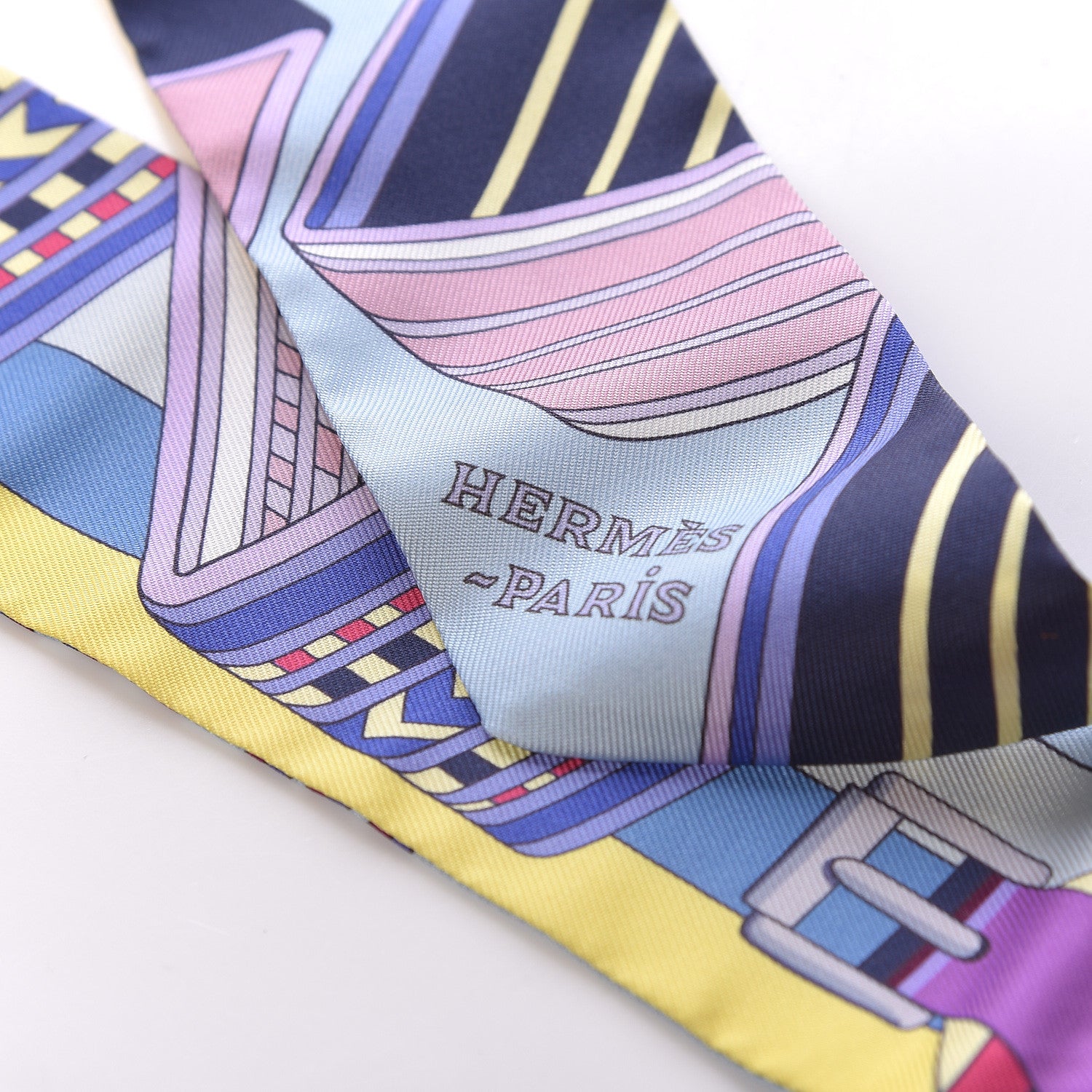 Hermes Silk Sangles En Zigzag Twilly Bleu Mauve Jaune 5 of 5