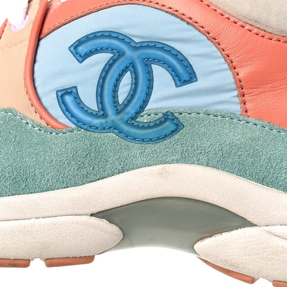 Chanel Nylon Lambskin Suede Calfskin CC Sneakers 36.5 Coral Light Blue White 12 of 14