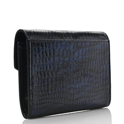 Saint Laurent Calfskin Crocodile Embossed Small Monogram Envelope Wallet Blue 3 of 6