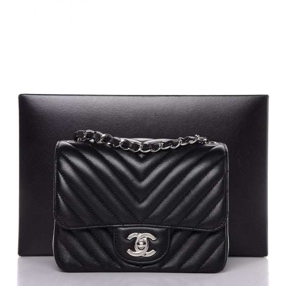 Lambskin Chevron Quilted Mini Square Flap Black