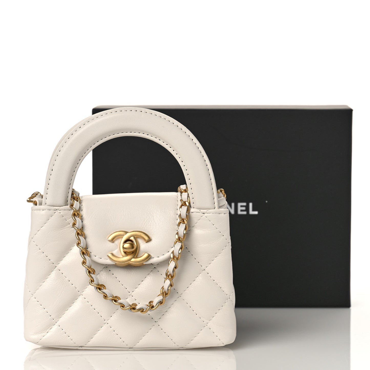 Shiny Aged Calfskin Quilted Mini Nano Kelly Shopper White