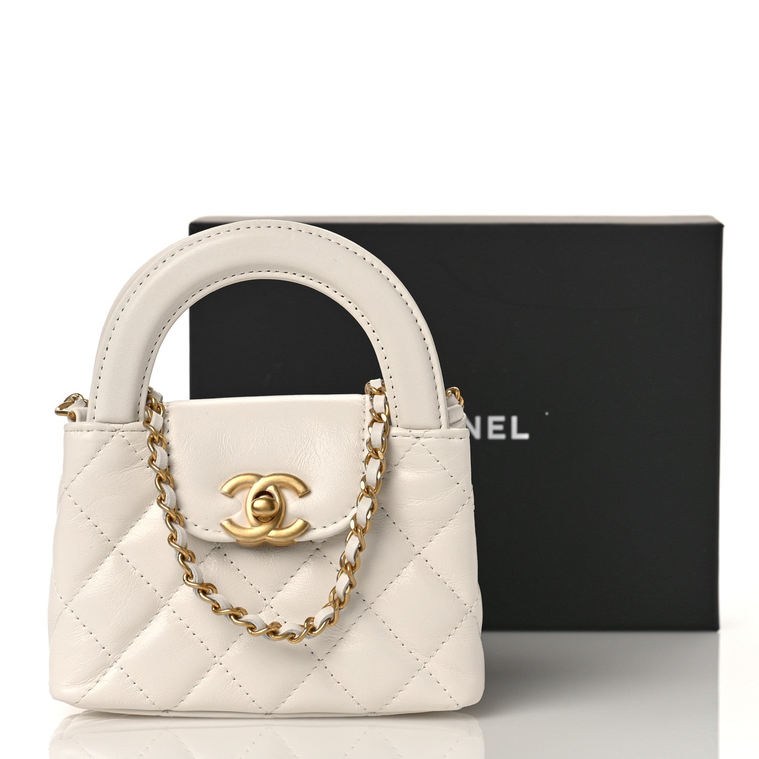 Chanel Shiny Aged Calfskin Quilted Mini Nano Kelly Shopper White 10 of 10