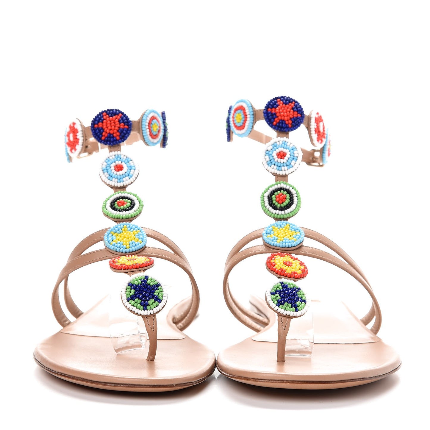 Nappa Beaded Medallion Ankle Wrap Flat Thong Sandals 40 Skin Sorbet