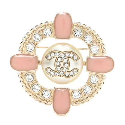 Chanel Crystal Pearl Enamel CC Brooch Gold Pink 1 of 4