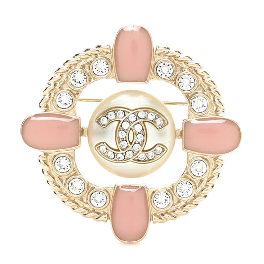 Crystal Pearl Enamel CC Brooch Gold Pink