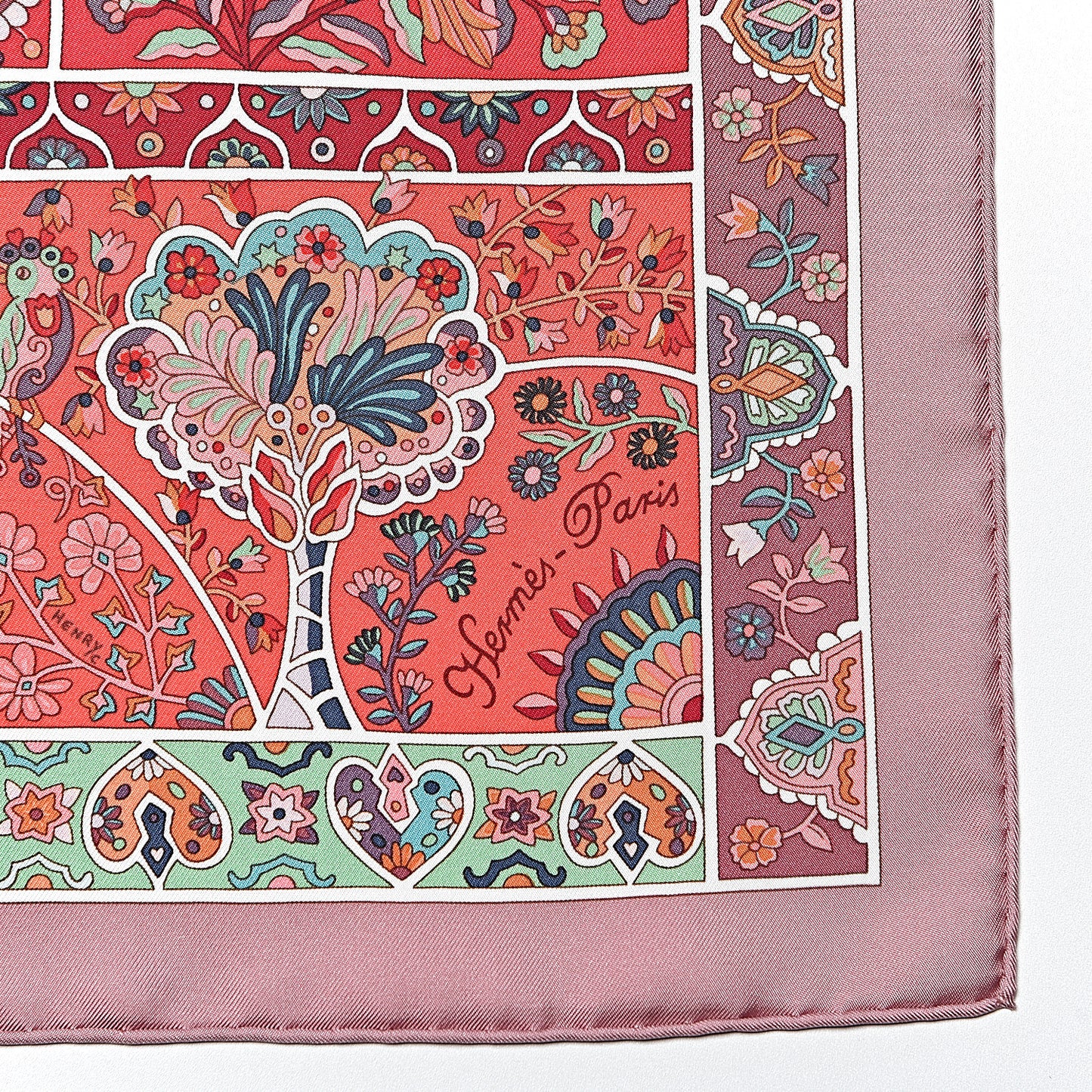 Silk Au Pays Des Oiseaux Fleurs Scarf 90 Vieux Rose Framboise Vert
