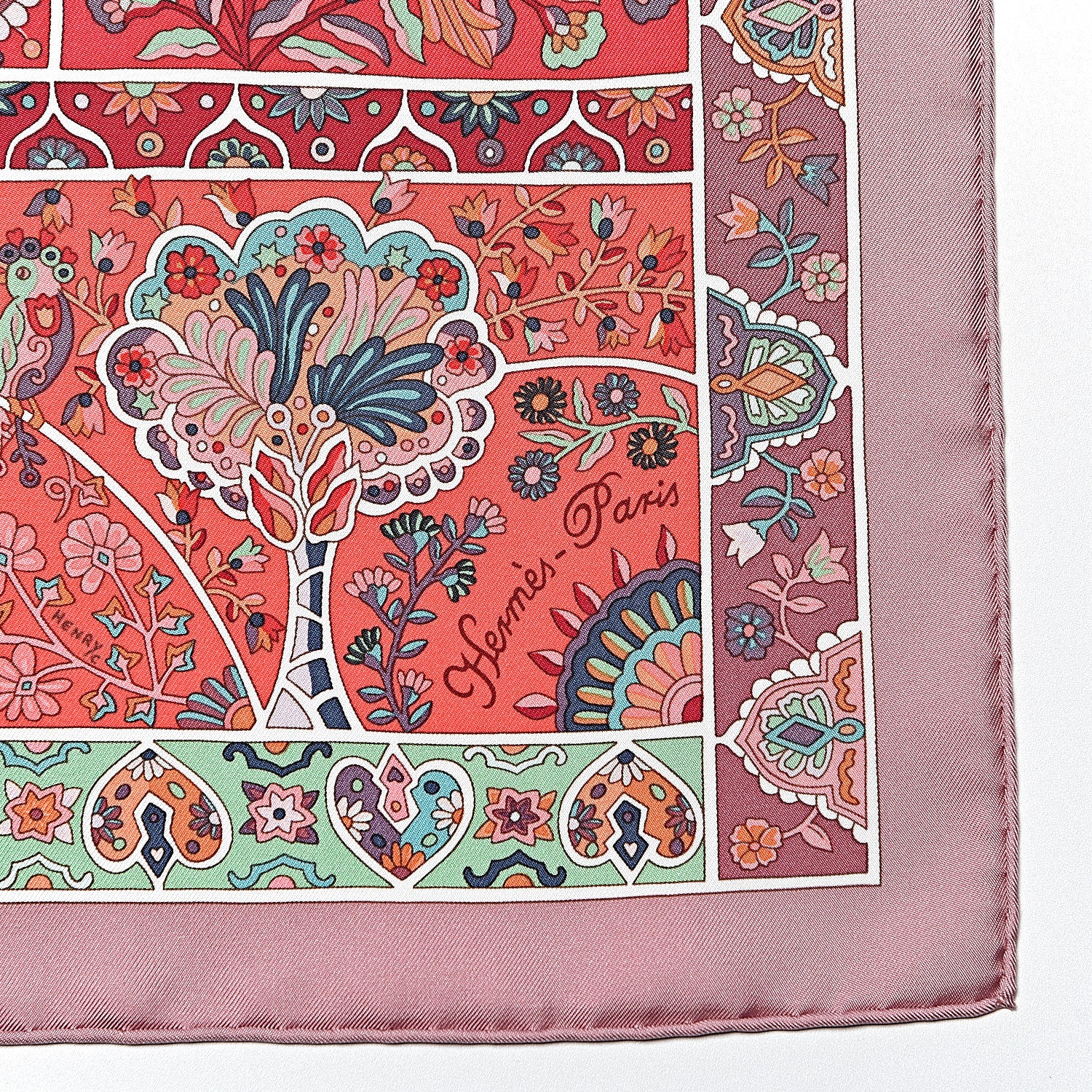 Hermes Silk Au Pays Des Oiseaux Fleurs Scarf 90 Vieux Rose Framboise Vert 3 of 4
