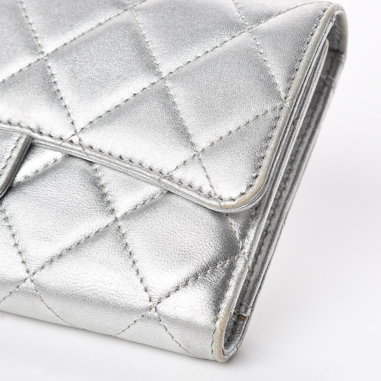 Metallic Lambskin Quilted Long Flap Wallet Silver