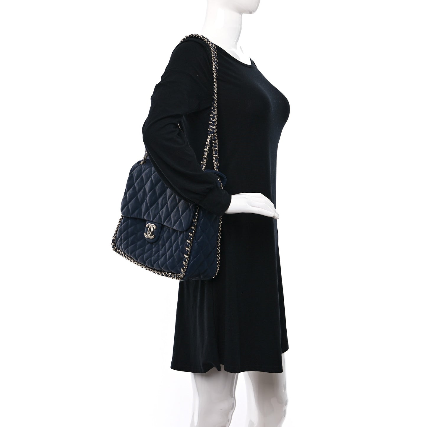Washed Lambskin Quilted Chain Around Maxi Flap Dark Navy Blue