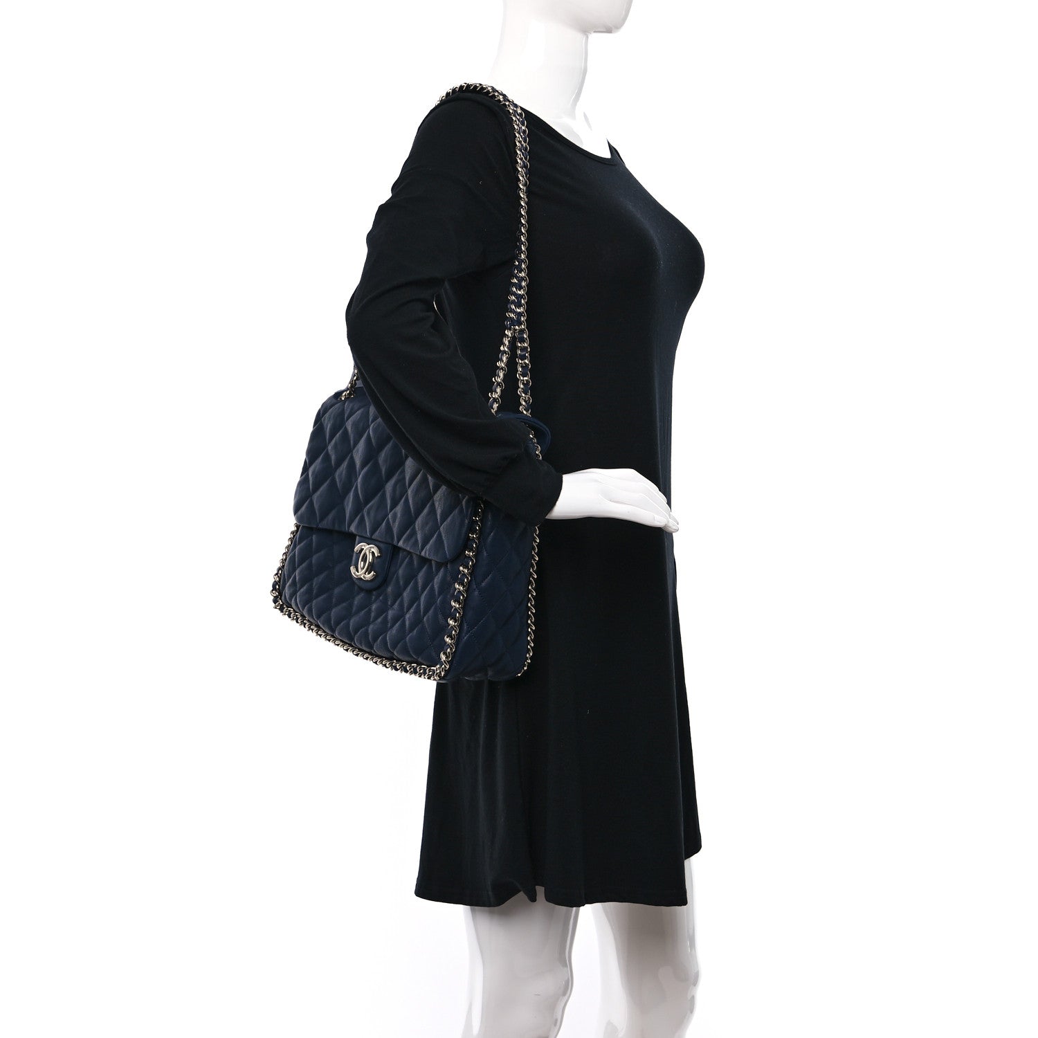 Chanel Washed Lambskin Quilted Chain Around Maxi Flap Dark Navy Blue 2 of 9