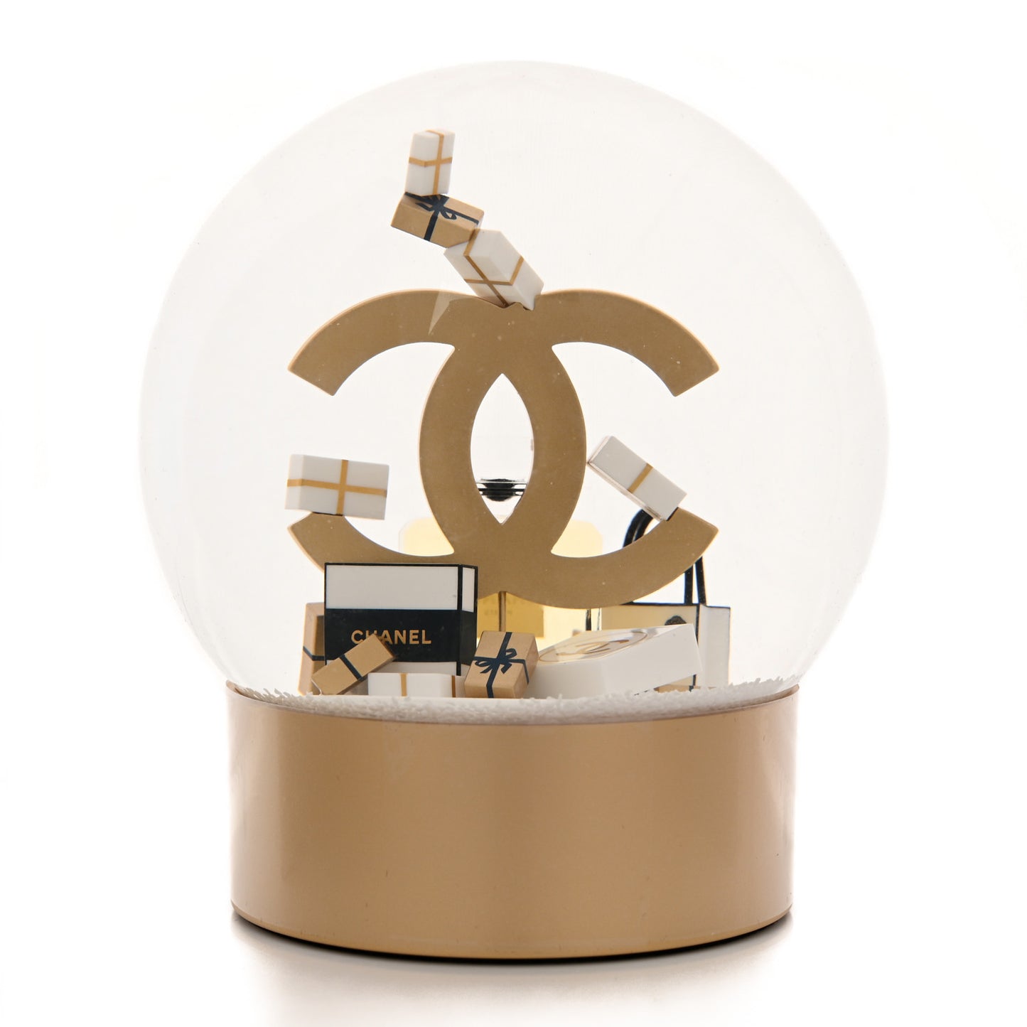 Glass CC Shopping Bag Snow Globe Gold