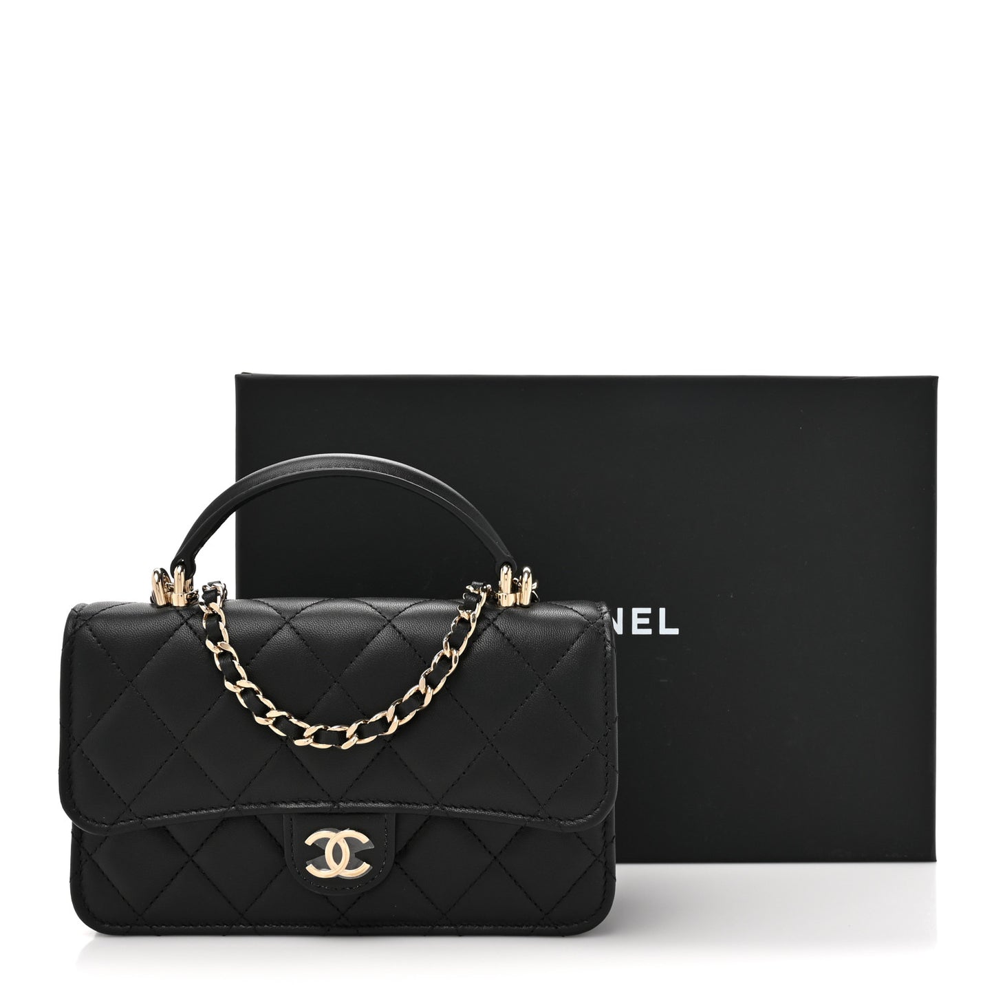 Lambskin Quilted Flap Phone Holder With Chain Black