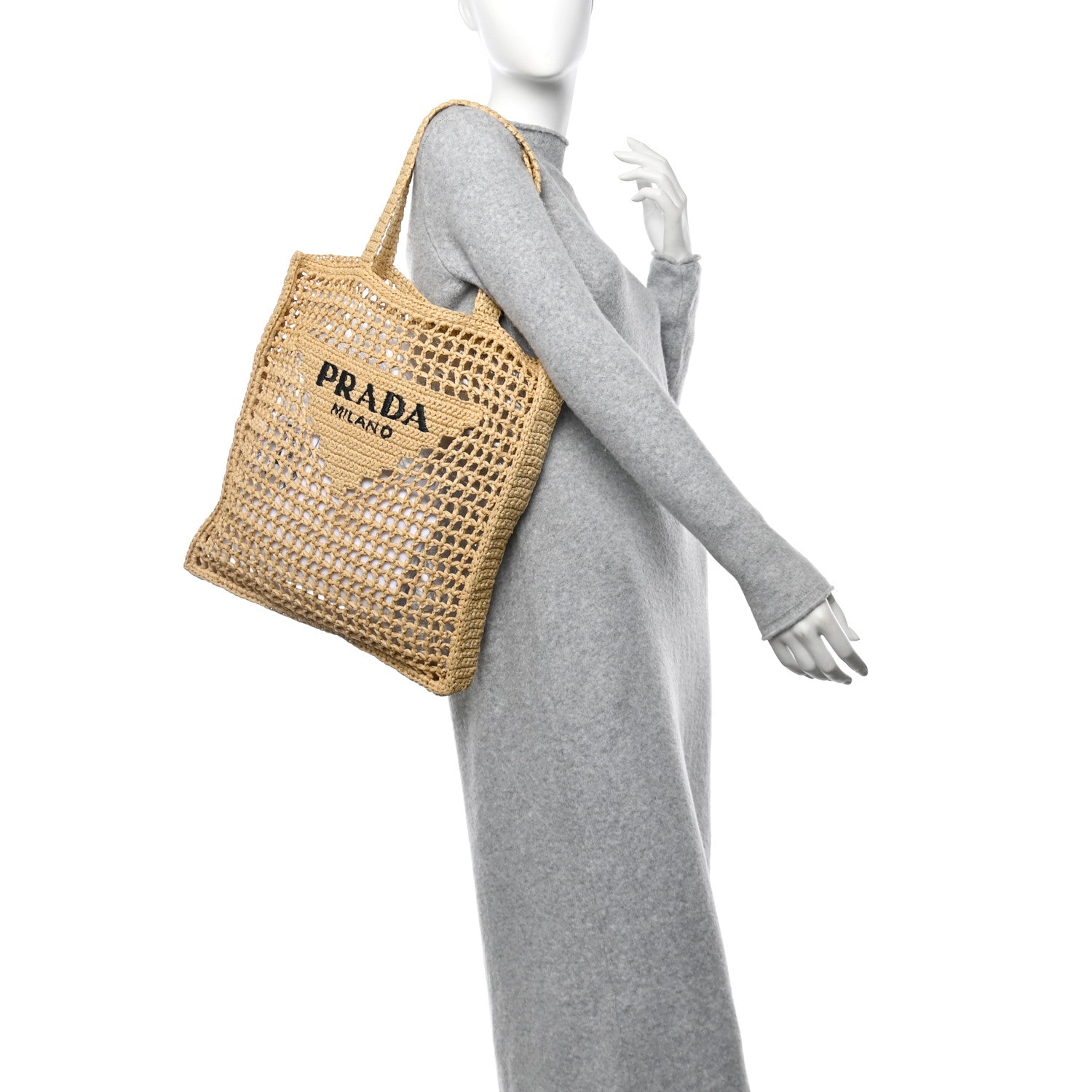 Prada Yarn Raffia Effect Crochet Logo Embroidered Tote Bag Naturale 2 of 9