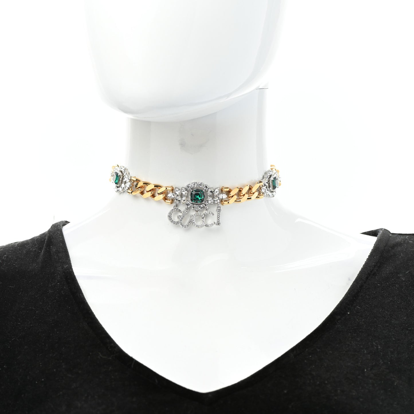 Crystals Gucci Script Choker Necklace Gold Green