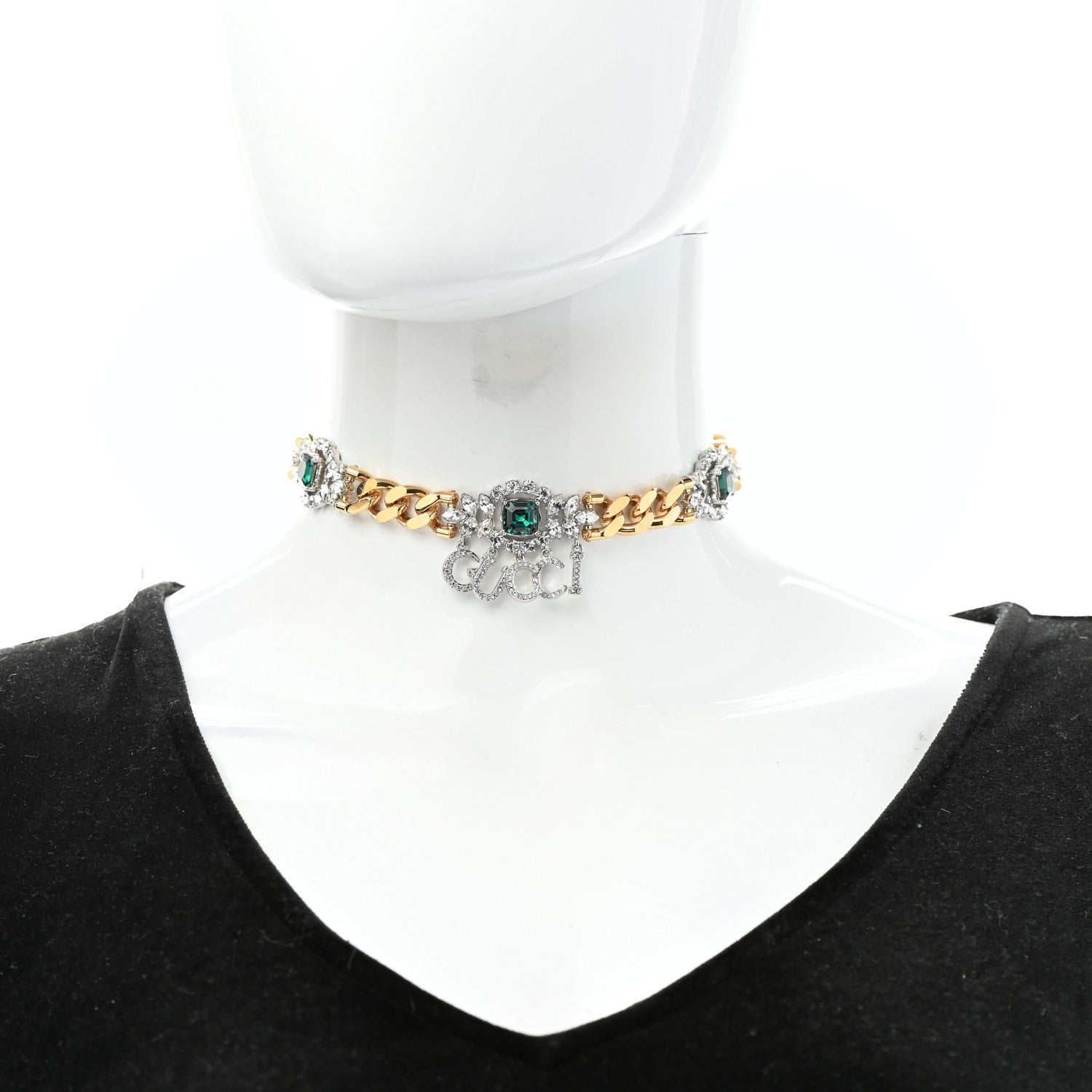 Gucci Crystals Gucci Script Choker Necklace Gold Green 2 of 7