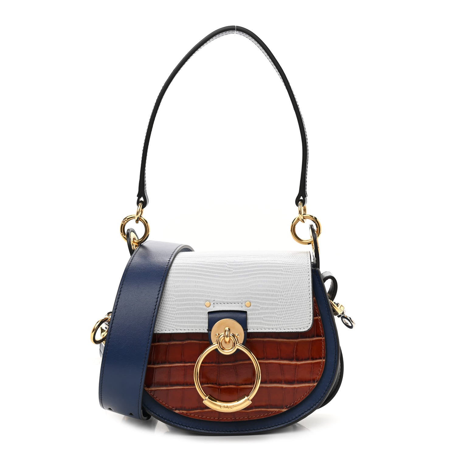 Chloe Shiny Calfskin Crocodile Embossed Small Tess Bag Blue Brown 1 of 10