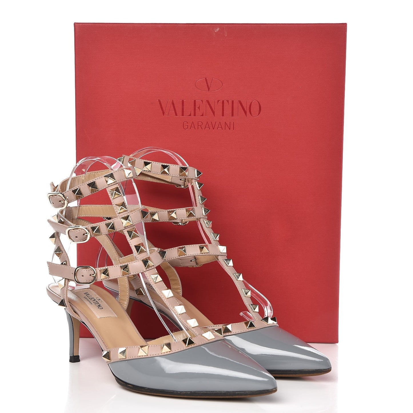 Patent Rockstud Ankle Strap Low Heel Pumps 36 Grey Poudre