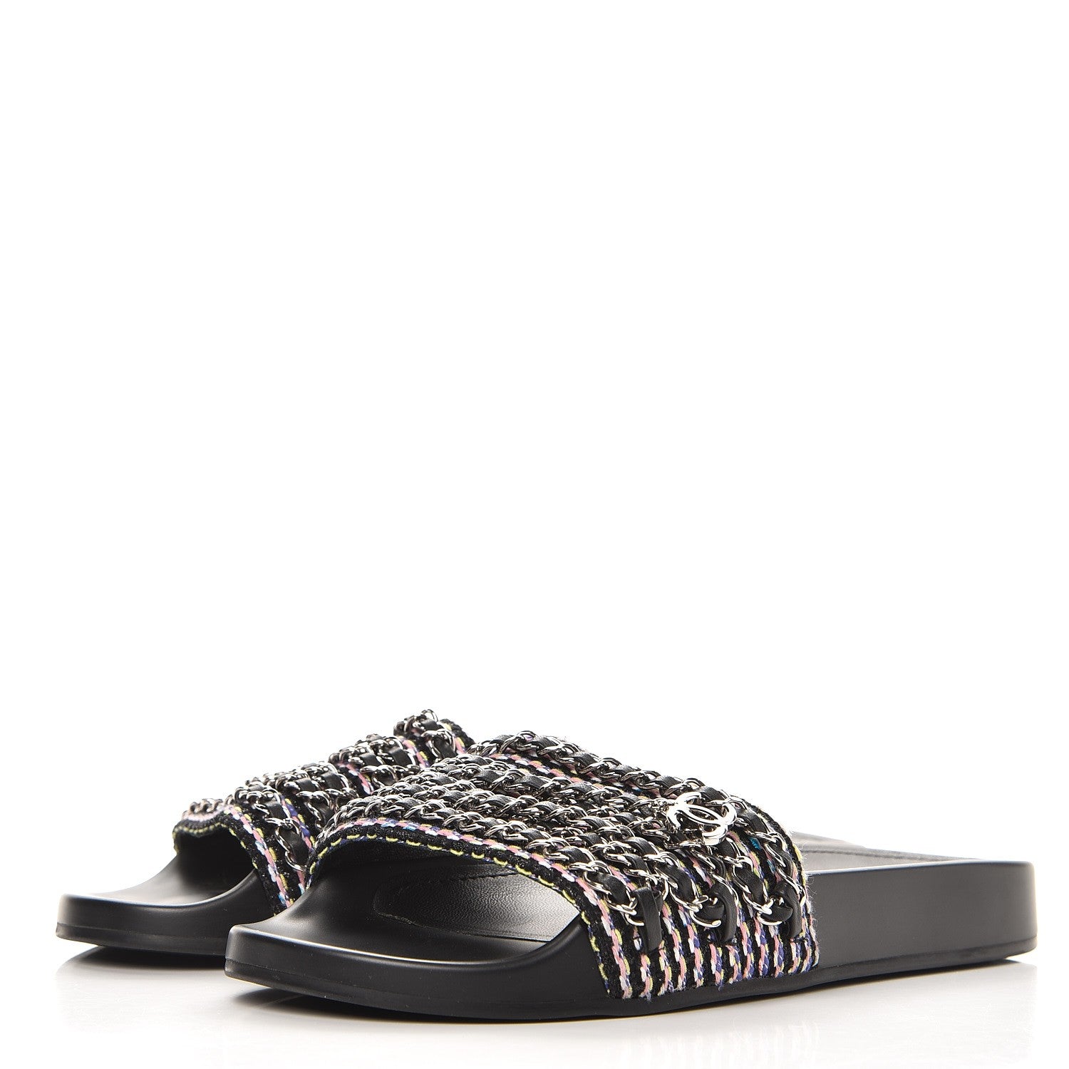 Chanel Tweed Lambskin Chain Flat Sandals 38 Black Multicolor 2 of 8