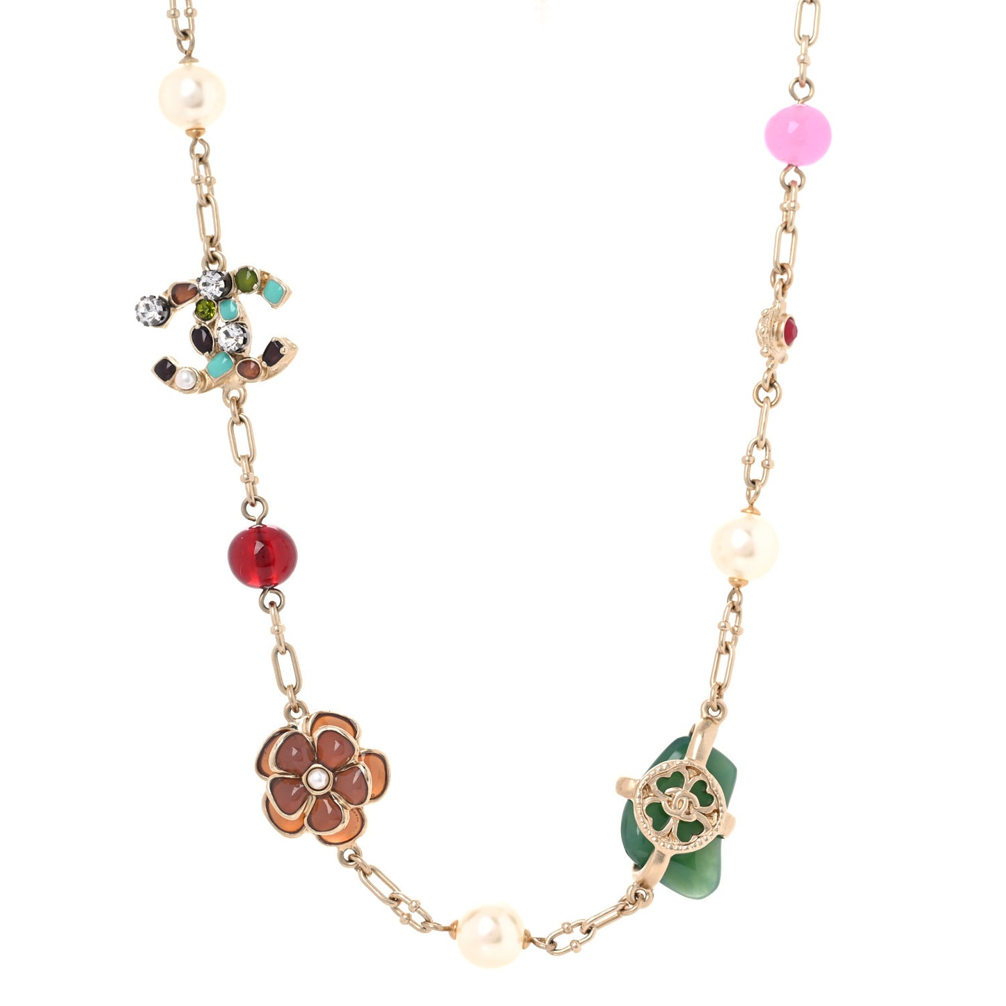 Gripoix Crystal Pearl CC Floral Short Necklace Gold Multicolor