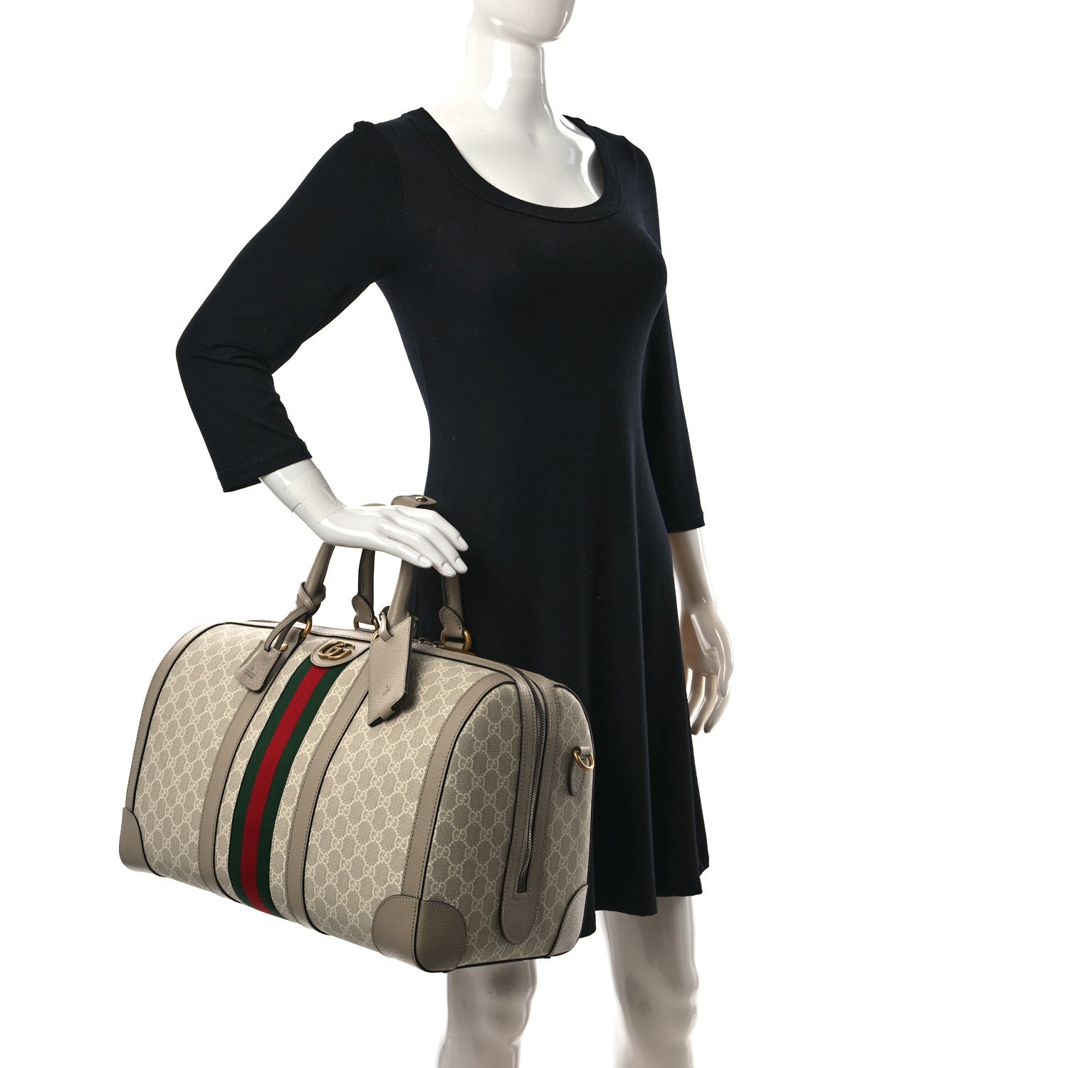 Gucci GG Supreme Monogram Textured Dollar Calfskin Web Medium Savoy Duffle Bag Beige Mystic White Oatmeal 2 of 10