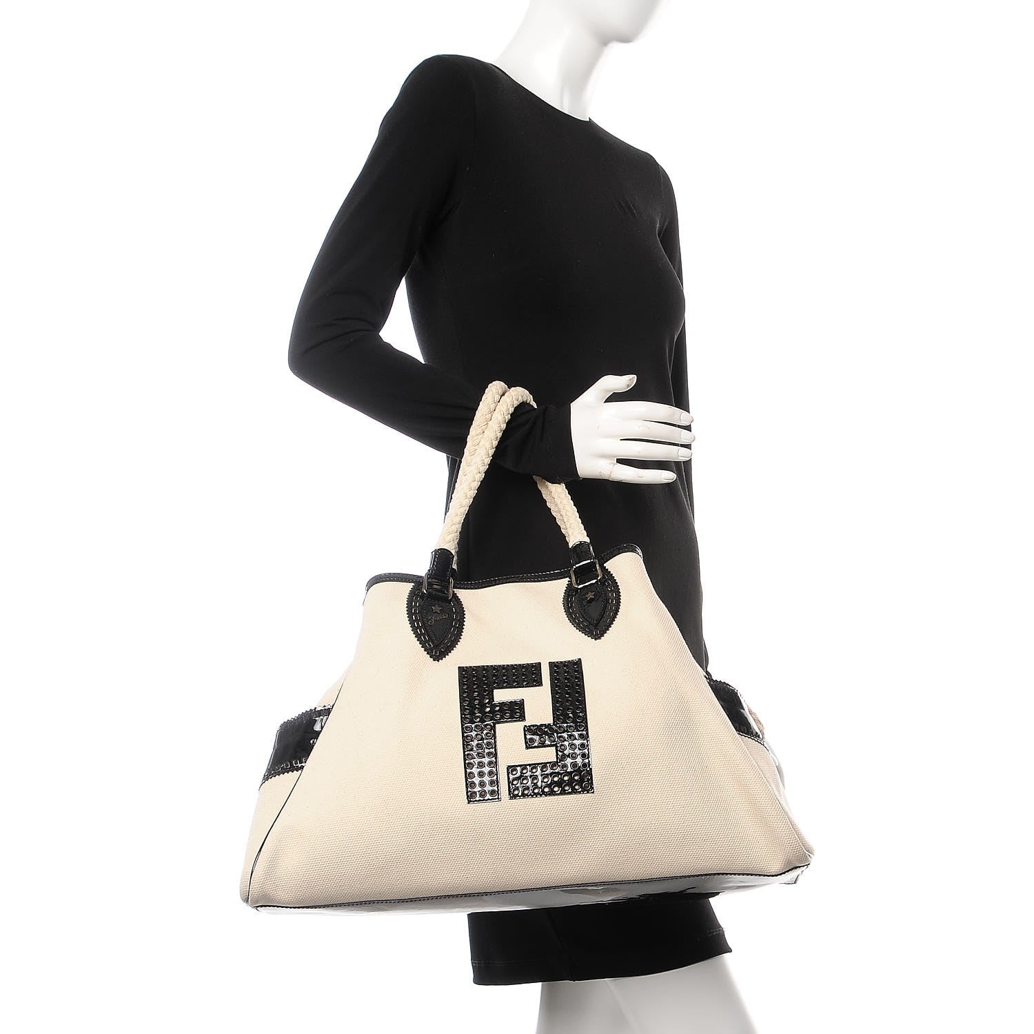 Fendi Canvas Patent Grommet De Jour Tote Natural 2 of 7
