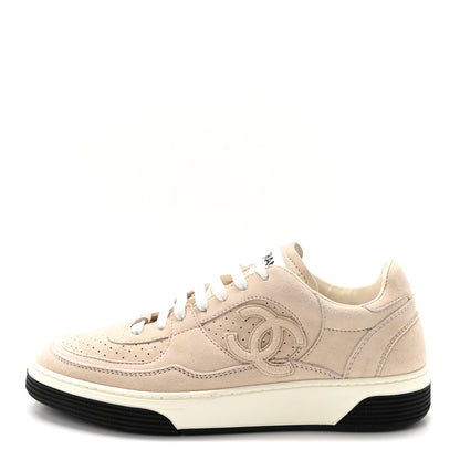 Chanel Suede Calfskin Womens CC Sneakers 38.5 Beige 1 of 10
