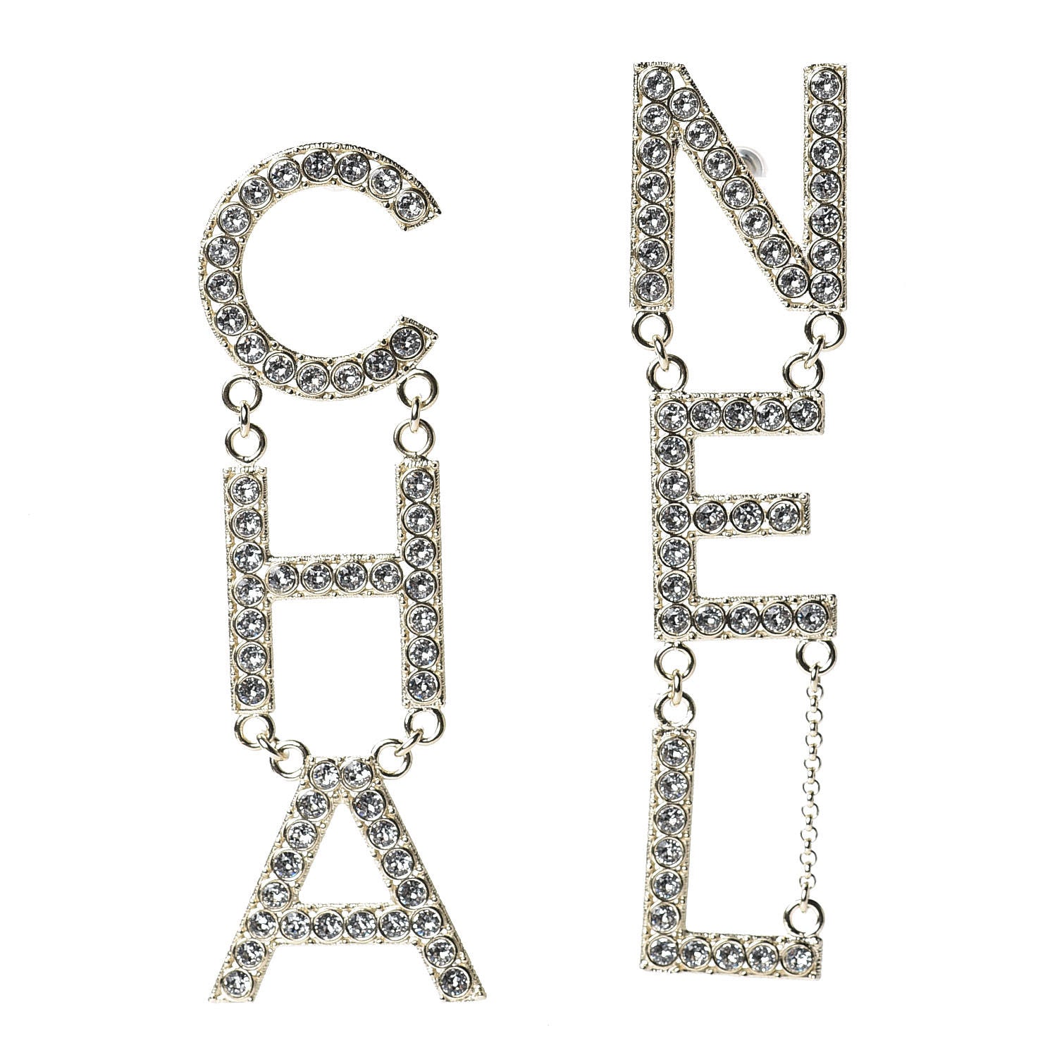 Chanel Crystal Cha-Nel Logo Drop Earrings Gold 1 of 5