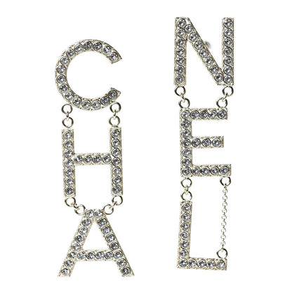 Chanel Crystal Cha-Nel Logo Drop Earrings Gold 1 of 5