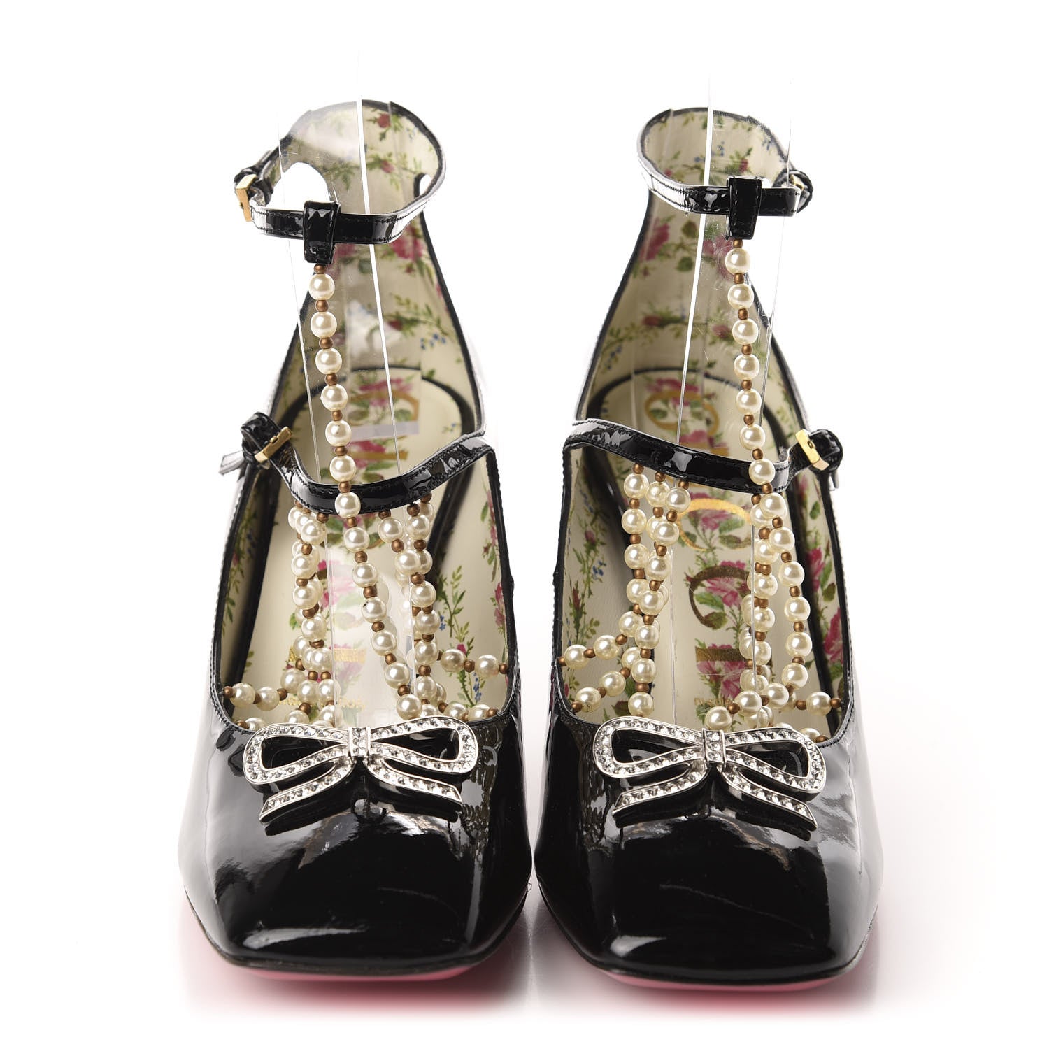 Gucci Patent Pearl Taide T-Strap Mid Heel Pumps 37 Black 2 of 10