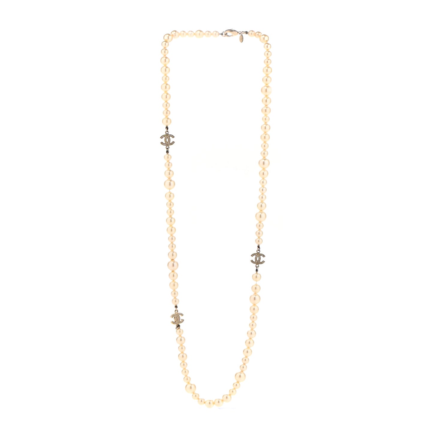 Graduated Pearl Crystal CC Long Necklace Light Gold