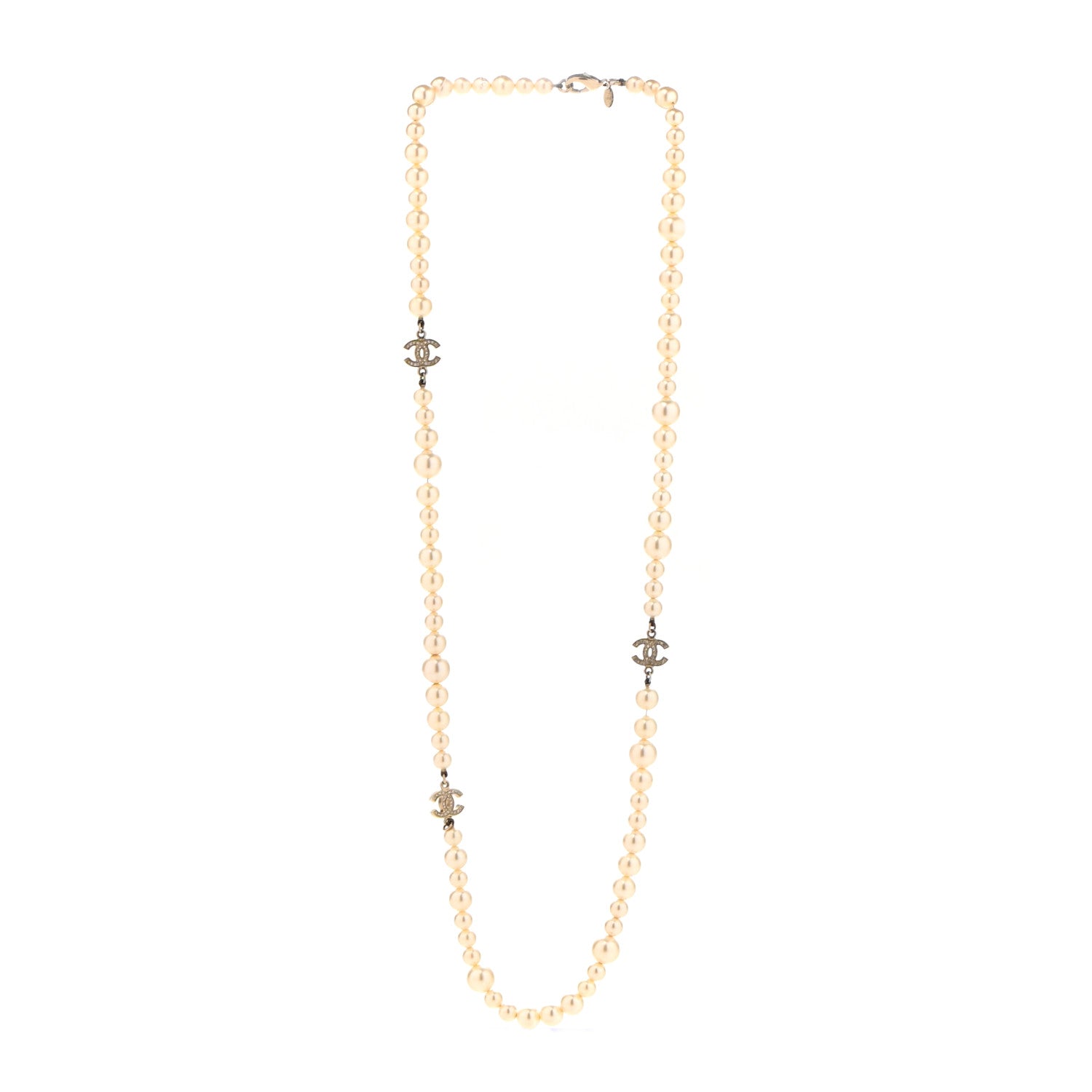 Chanel Graduated Pearl Crystal CC Long Necklace Light Gold 3 of 6