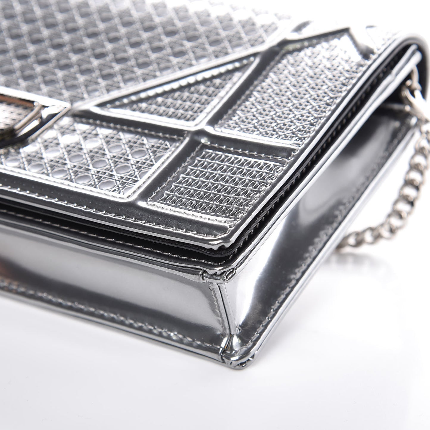 Metallic Patent Micro-Cannage Diorama Wallet on Chain Pouch Silver