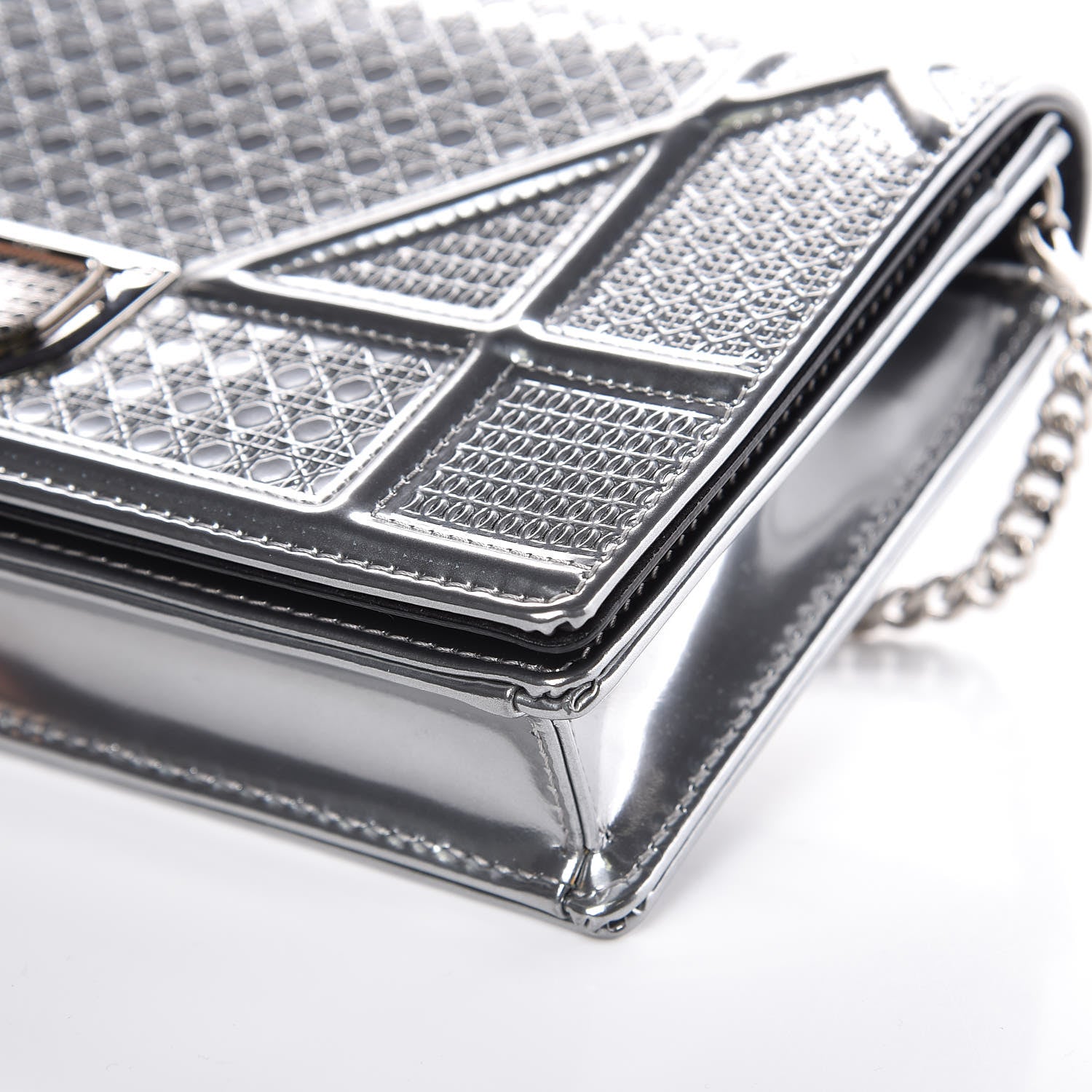 Christian Dior Metallic Patent Micro-Cannage Diorama Wallet on Chain Pouch Silver 9 of 10