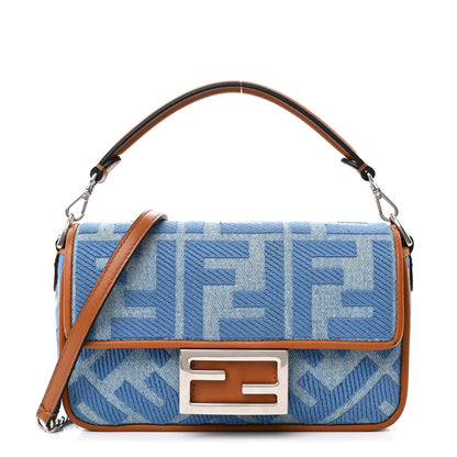 Fendi Denim Vitello King FF Embroidered Mini Baguette Denim Chiaro Brandy 1 of 11